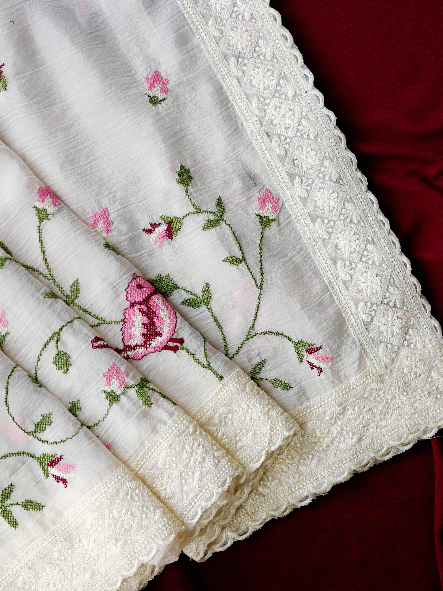 Beautiful soft crush silk saree with cross stitch embroidery