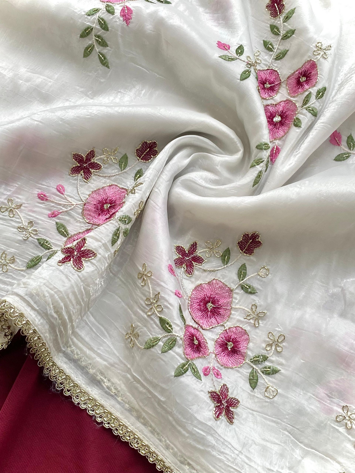 An Elegant Crush silk saree with Floral handwork Embroidery