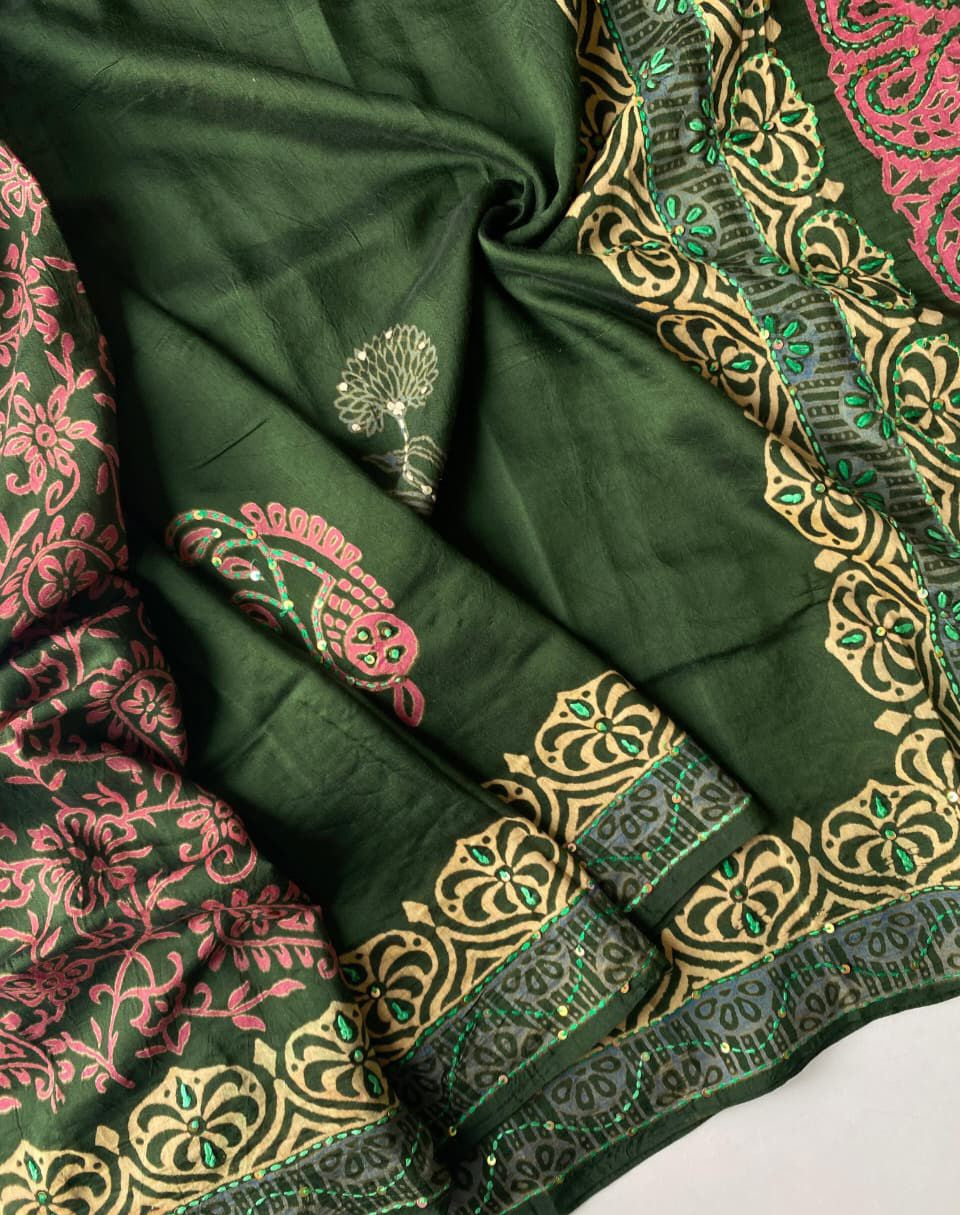 Chanderi cotton saree with handkantha work