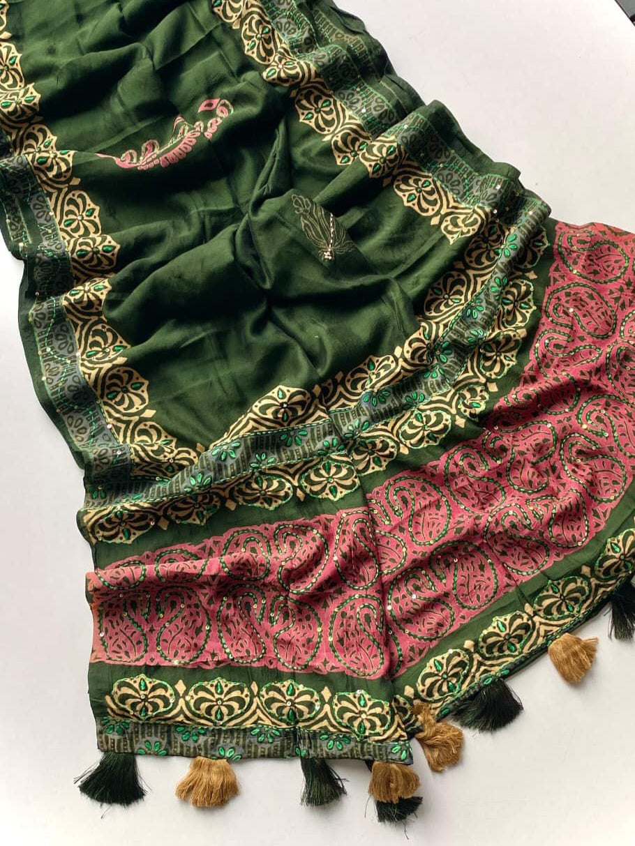 Chanderi cotton saree with handkantha work