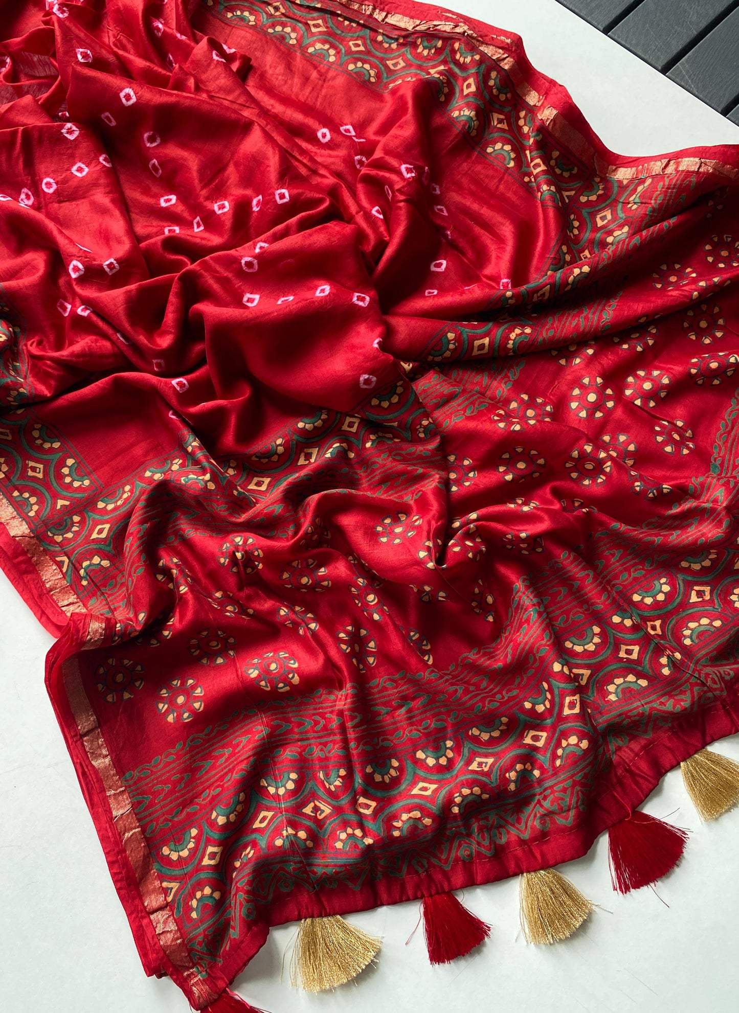 Pure soft chanderi saree with bandhani and block print fusion