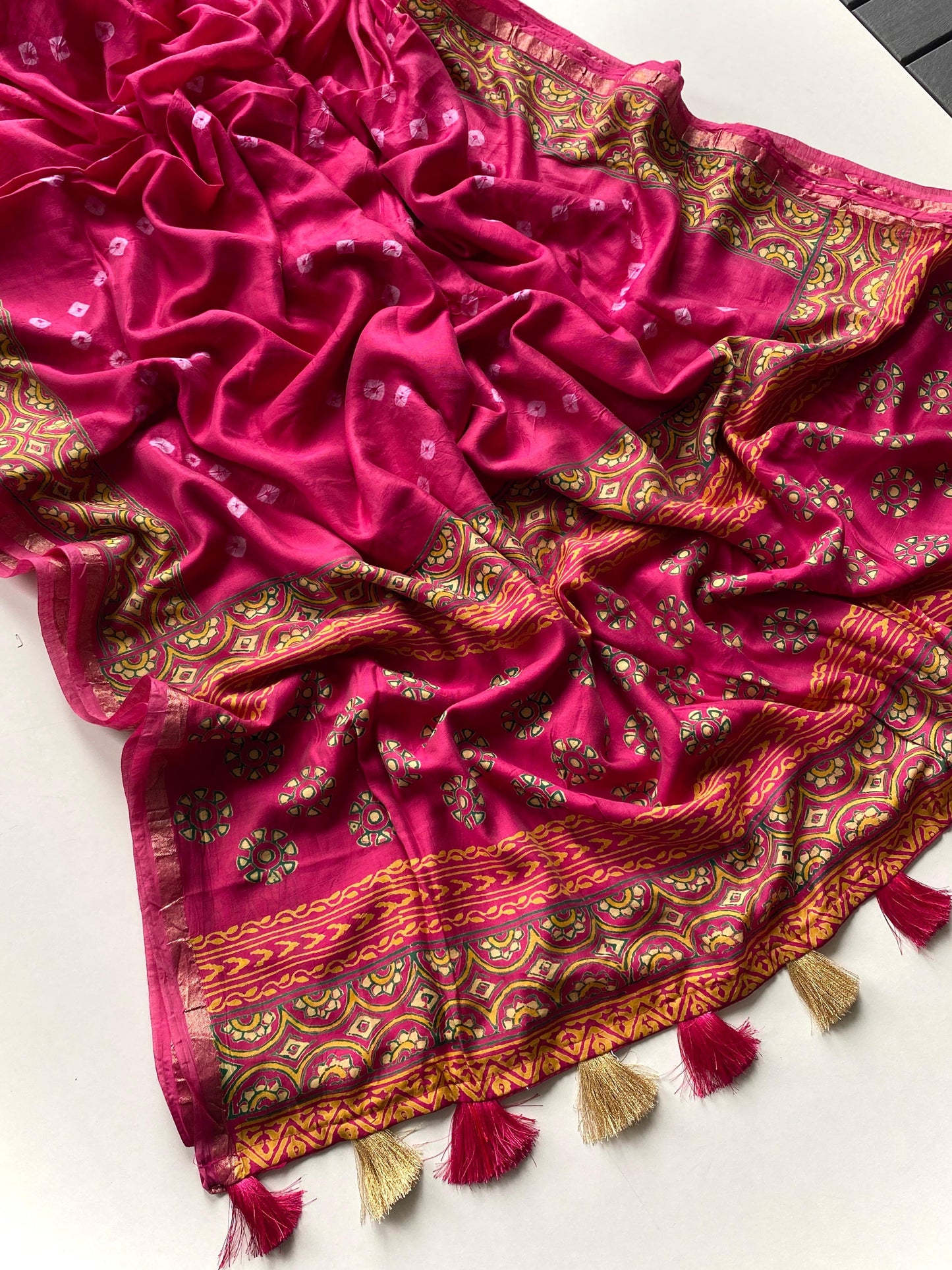 Pure soft chanderi silk saree with bhadhani and block print fusion