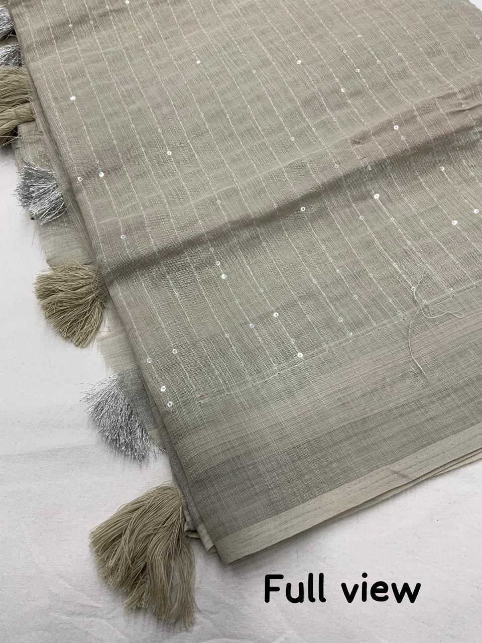 Linen sequence work saree with printed blouse