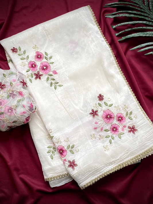 An Elegant Crush silk saree with Floral handwork Embroidery