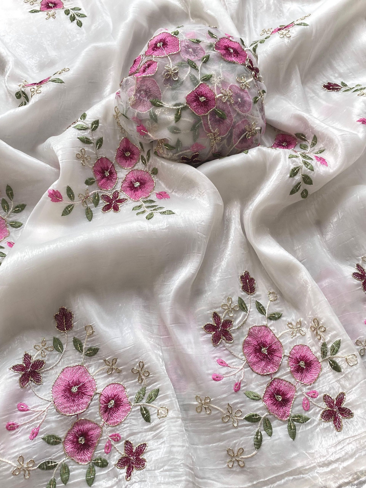 An Elegant Crush silk saree with Floral handwork Embroidery