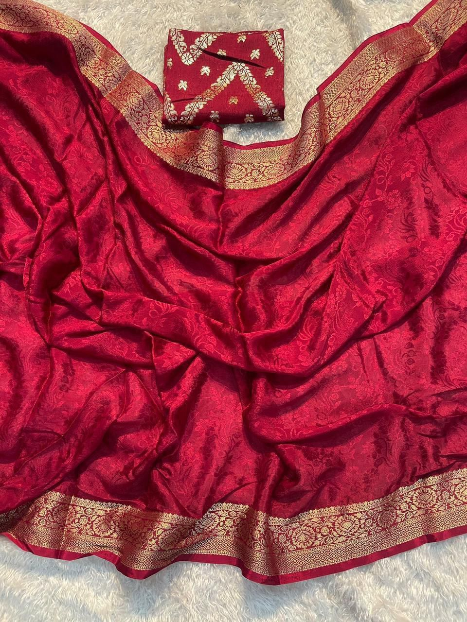 Chinon silk saree with Dola Banarasi silk Blouse material