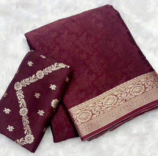 Beautiful Chinon Silk saree Dola banarasi silk blouse