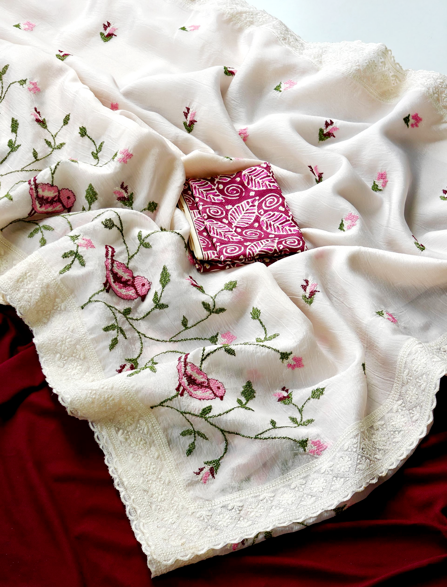 Beautiful soft crush silk saree with cross stitch embroidery