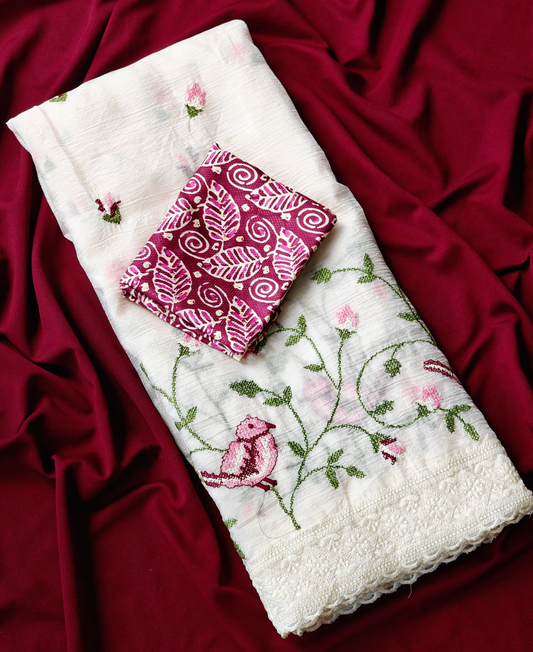 Beautiful soft crush silk saree with cross stitch embroidery