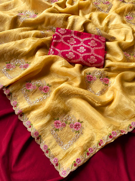Paper silk saree with Floral embroidery