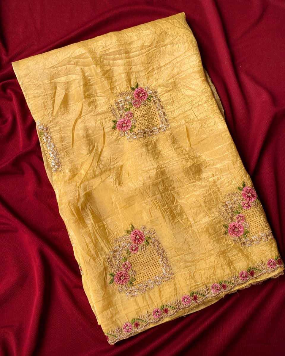Paper silk saree with Floral embroidery