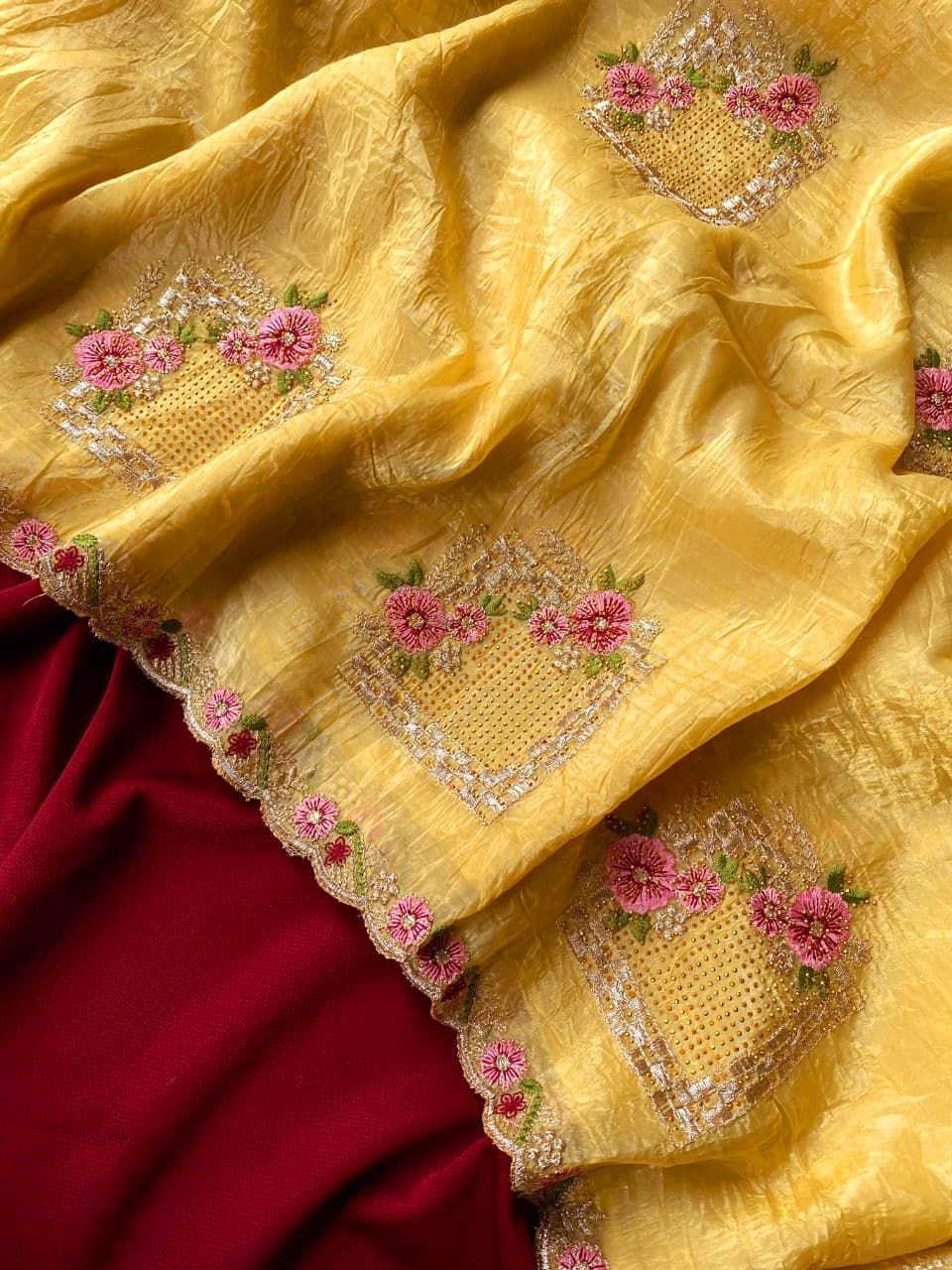 Paper silk saree with Floral embroidery