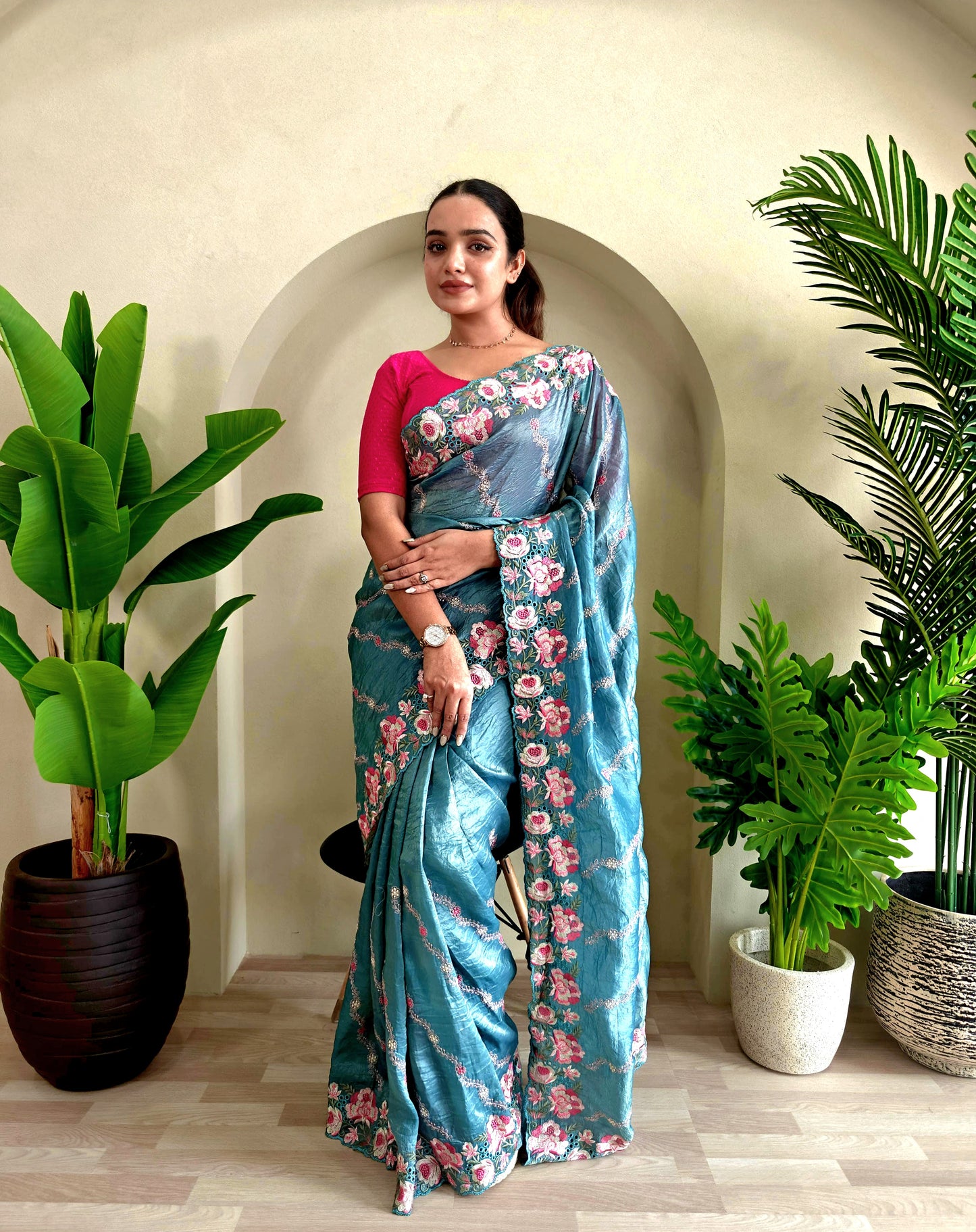 Crush silk saree with embroidery