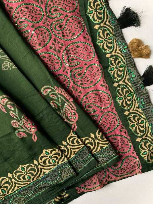 Chanderi cotton saree with handkantha work