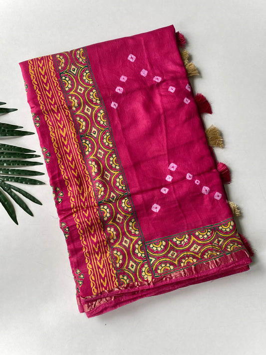 Pure soft chanderi silk saree with bhadhani and block print fusion