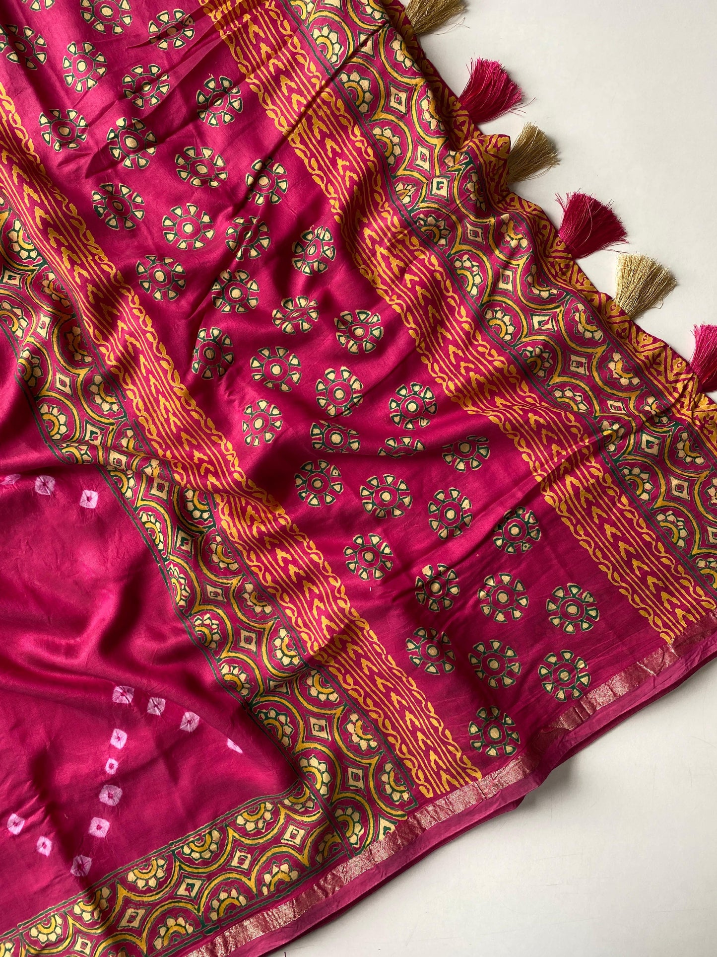 Pure soft chanderi silk saree with bhadhani and block print fusion