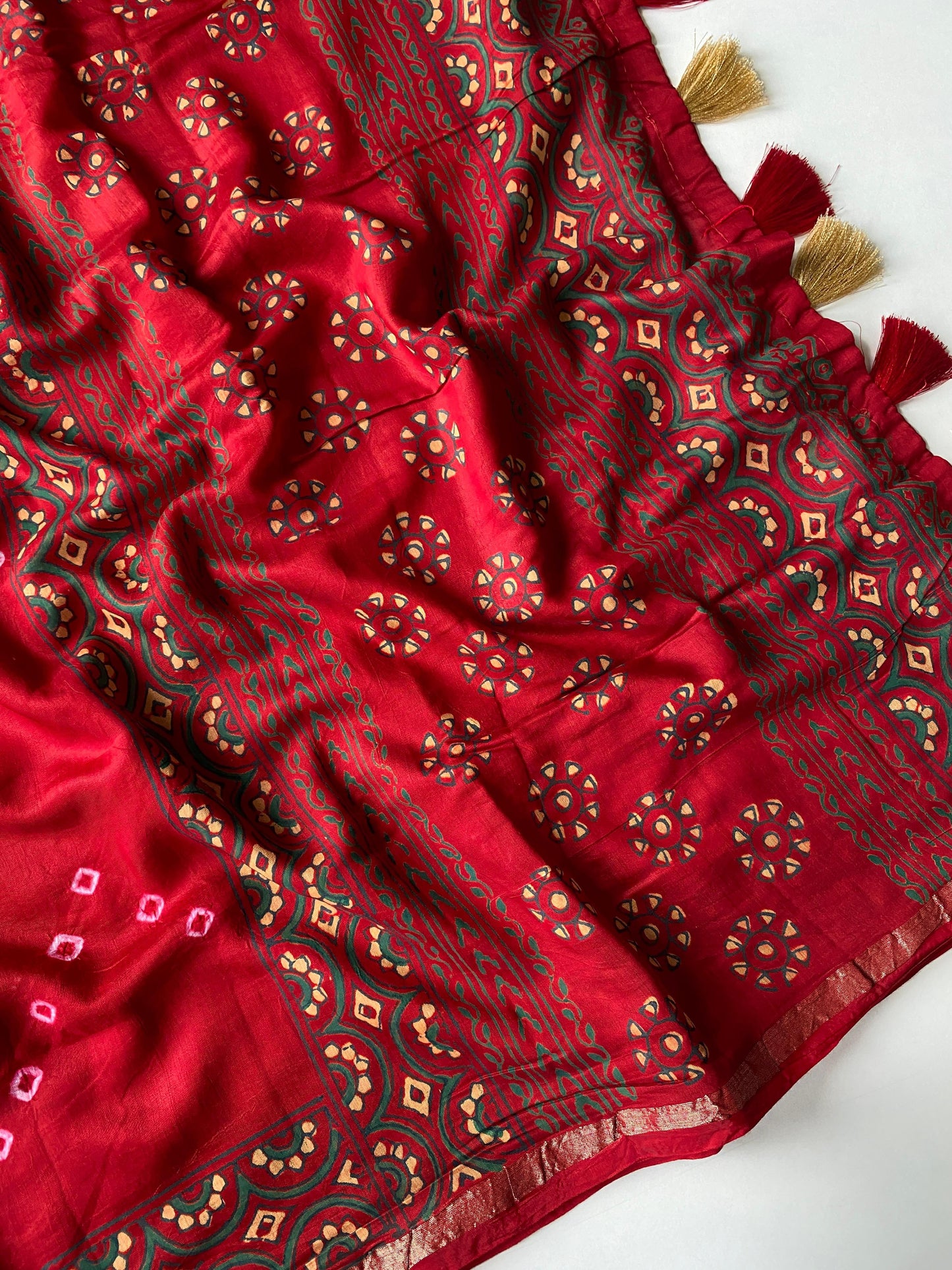 Pure soft chanderi saree with bandhani and block print fusion