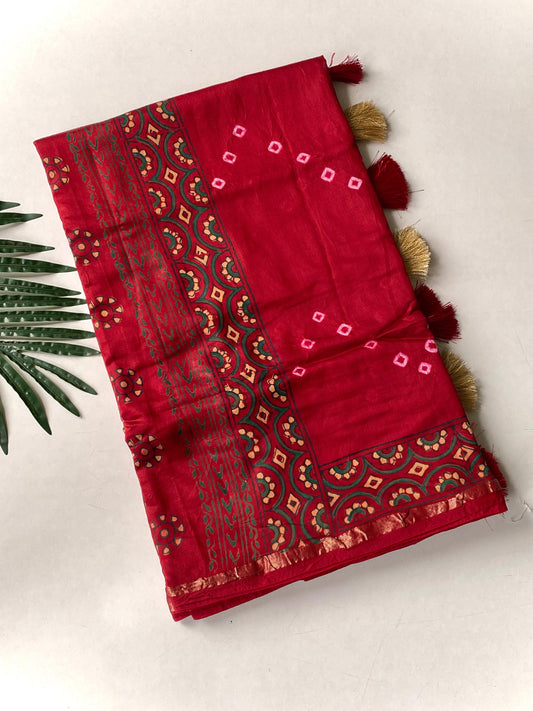 Pure soft chanderi saree with bandhani and block print fusion