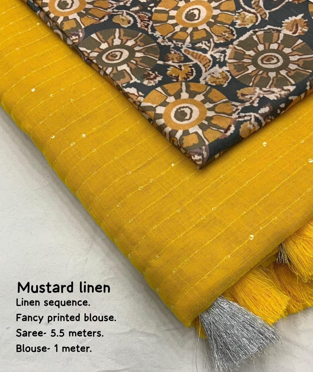 Linen sequence work saree with printed blouse material