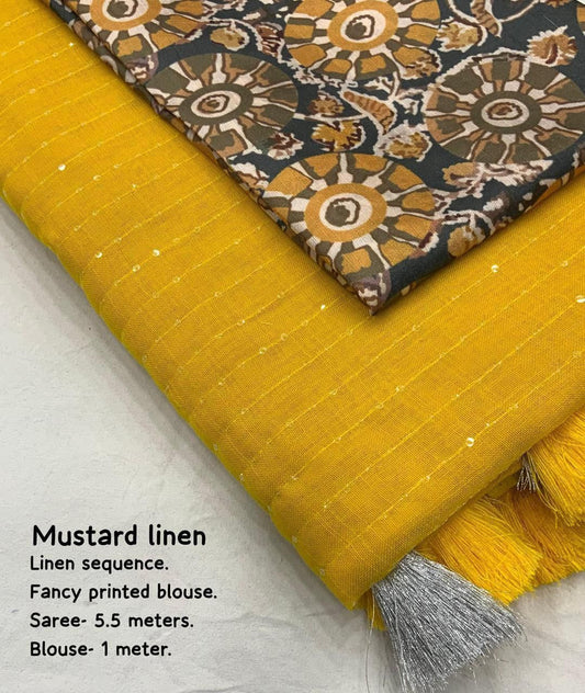 Linen sequence work saree with printed blouse material