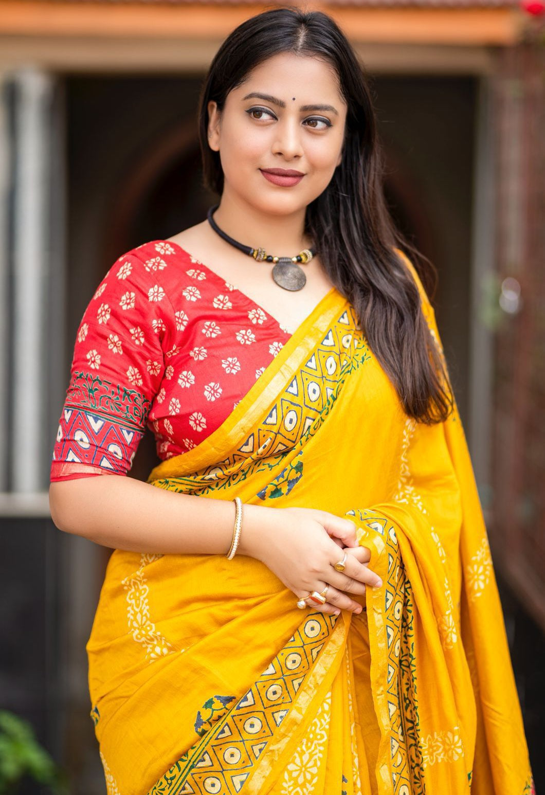 Pure chanderi saree with handblock print blouse