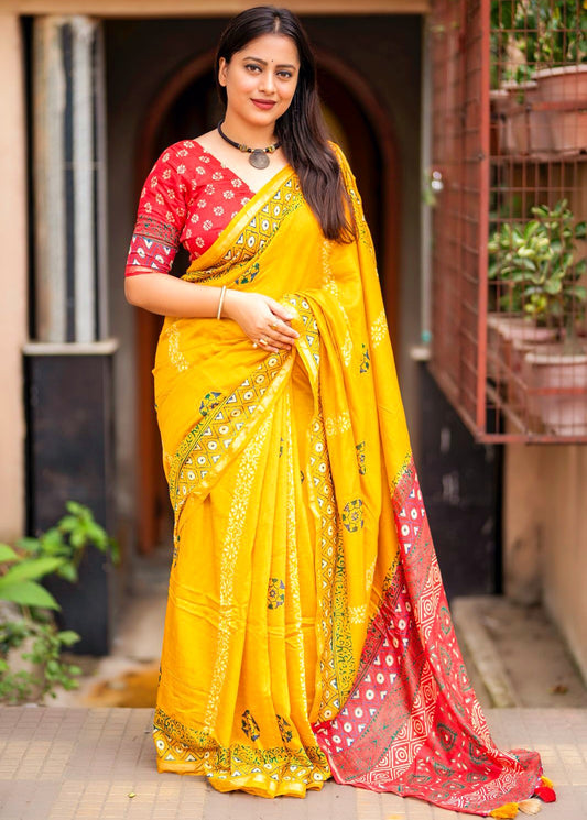 Pure chanderi saree with handblock print blouse