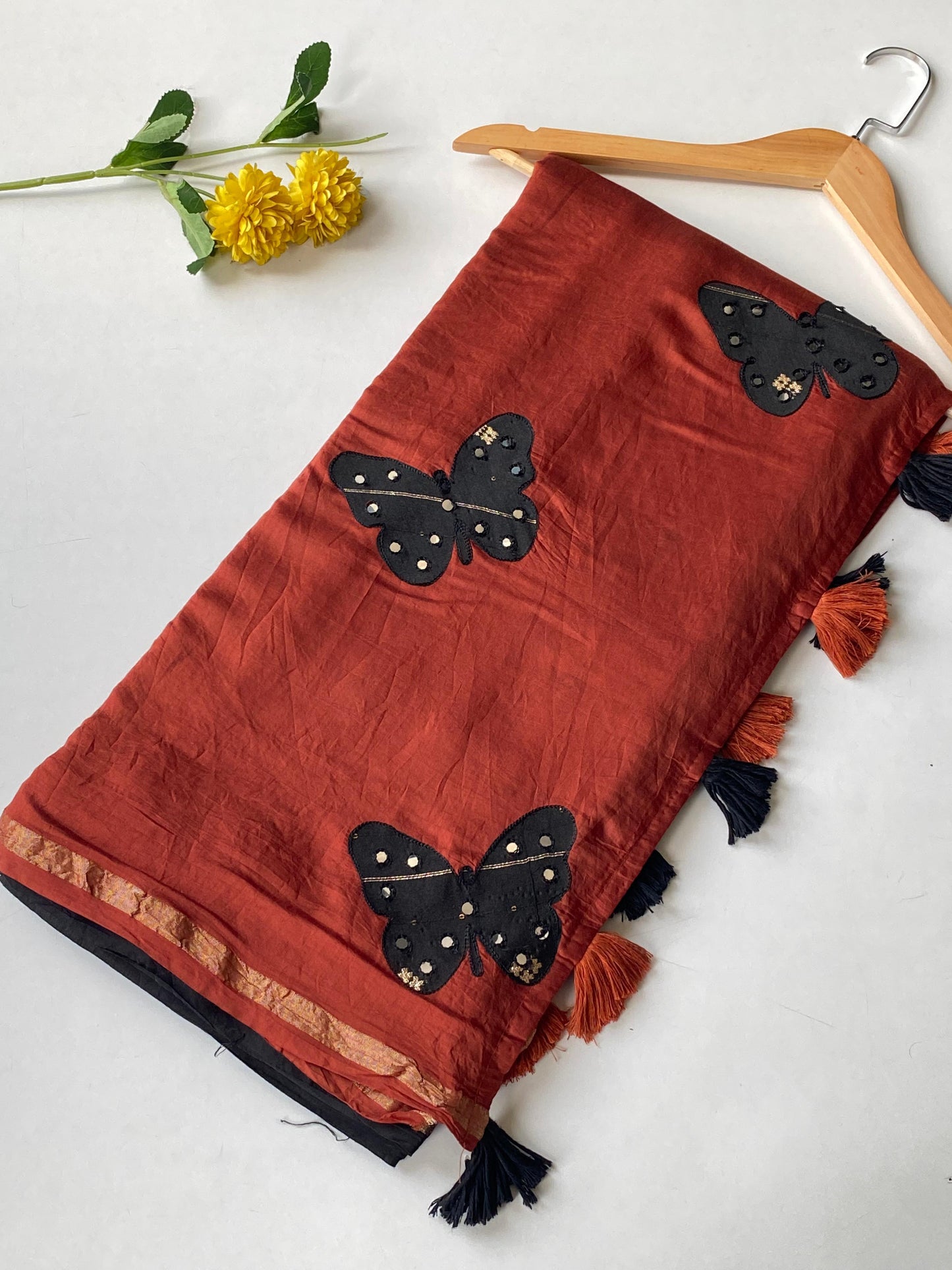 Cotton saree with applique work paired with mirror embroidered blouse