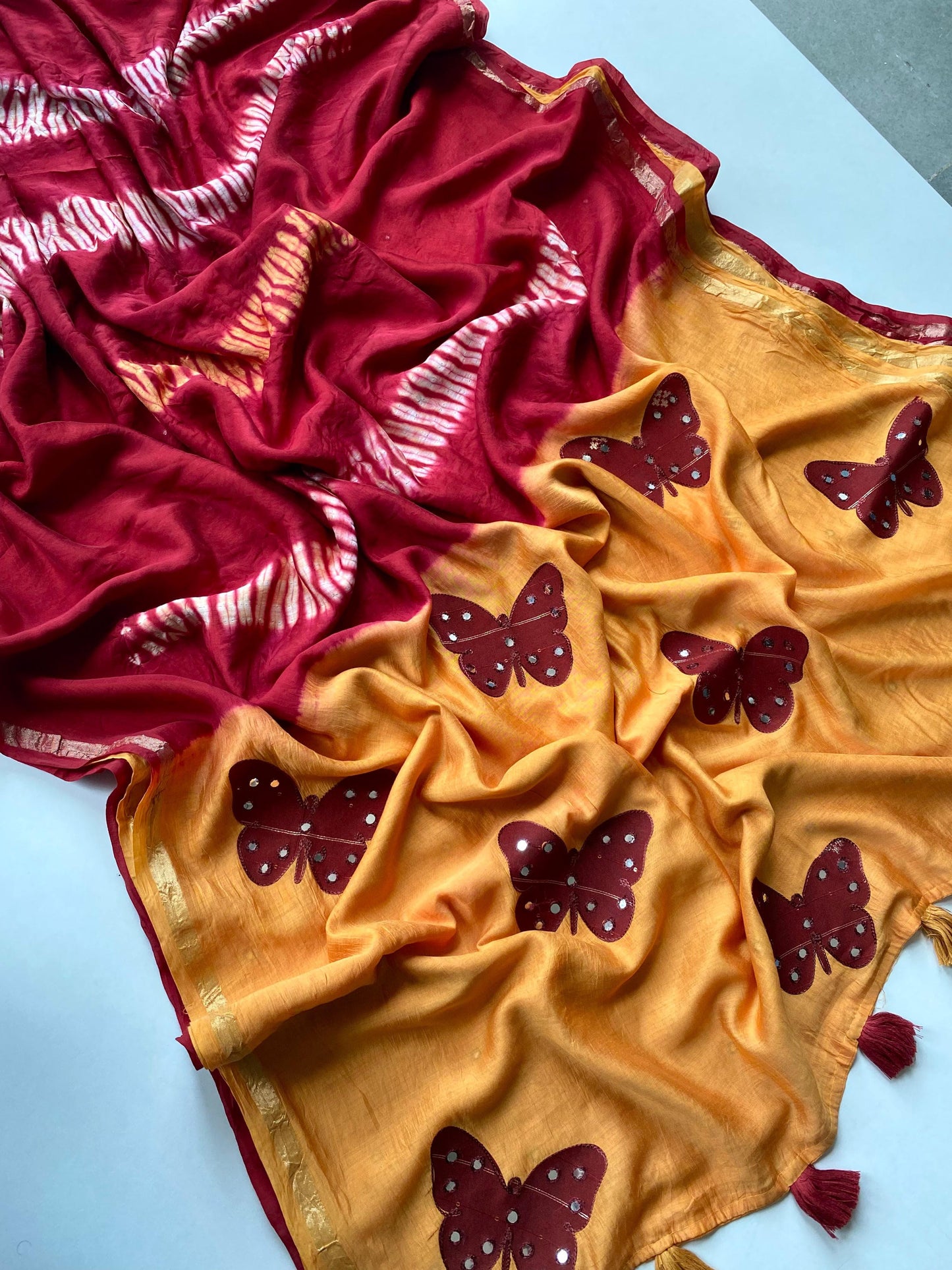 Cotton saree with applique work paired with mirror work blouse
