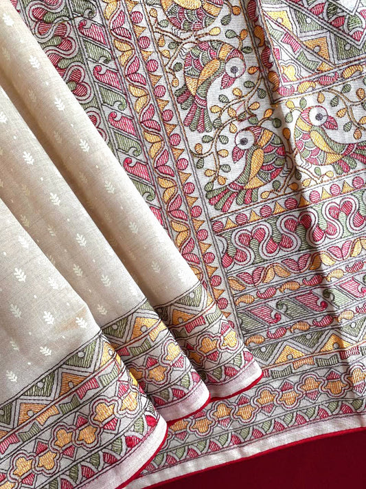 Tussar silk saree with madhubani embroidery