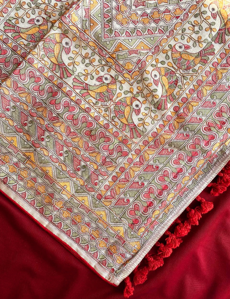 Tussar silk saree with madhubani embroidery