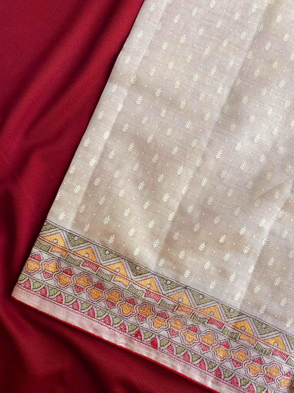 Tussar silk saree with madhubani embroidery