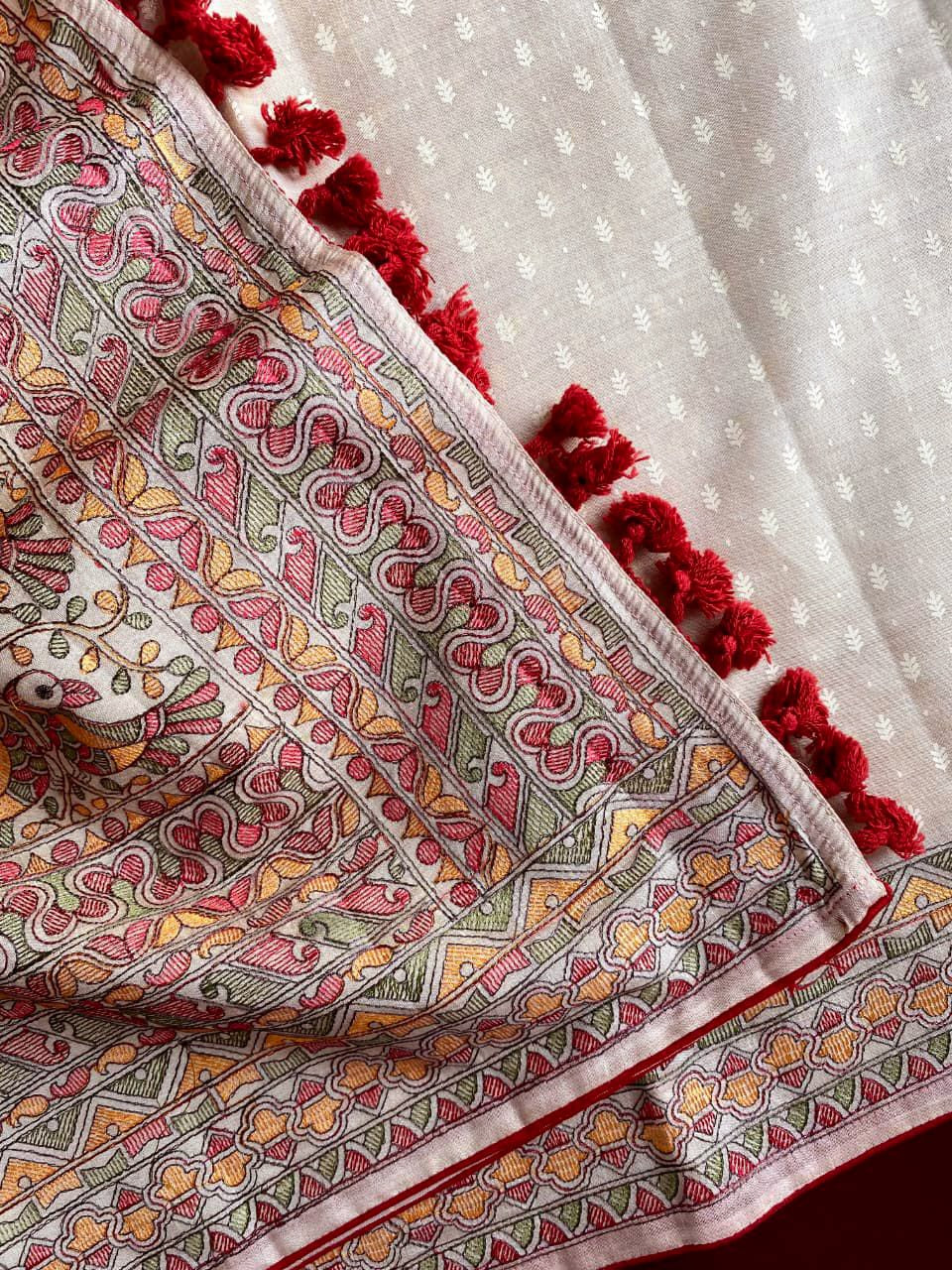 Tussar silk saree with madhubani embroidery