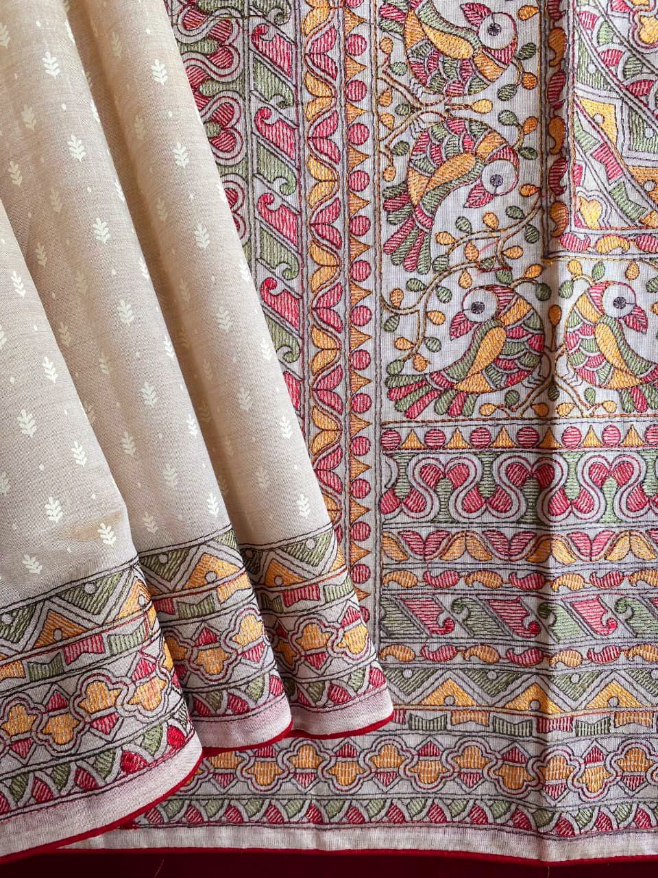 Tussar silk saree with madhubani embroidery