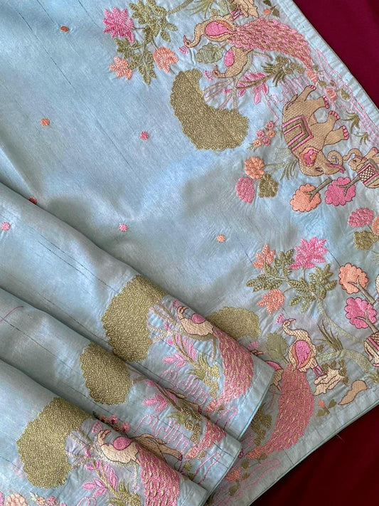 Tussar silk saree with embroidery