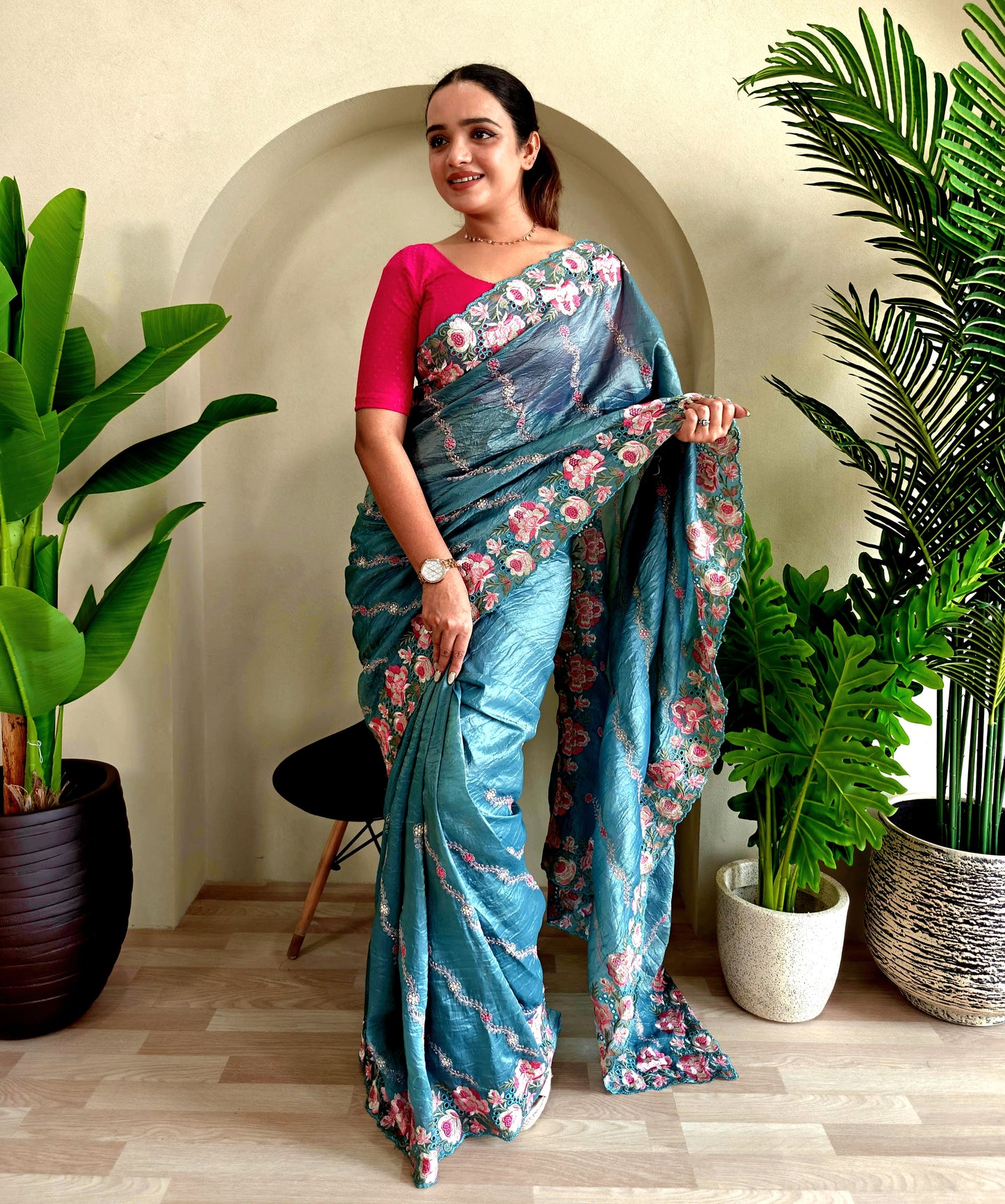 Crush silk saree with embroidery