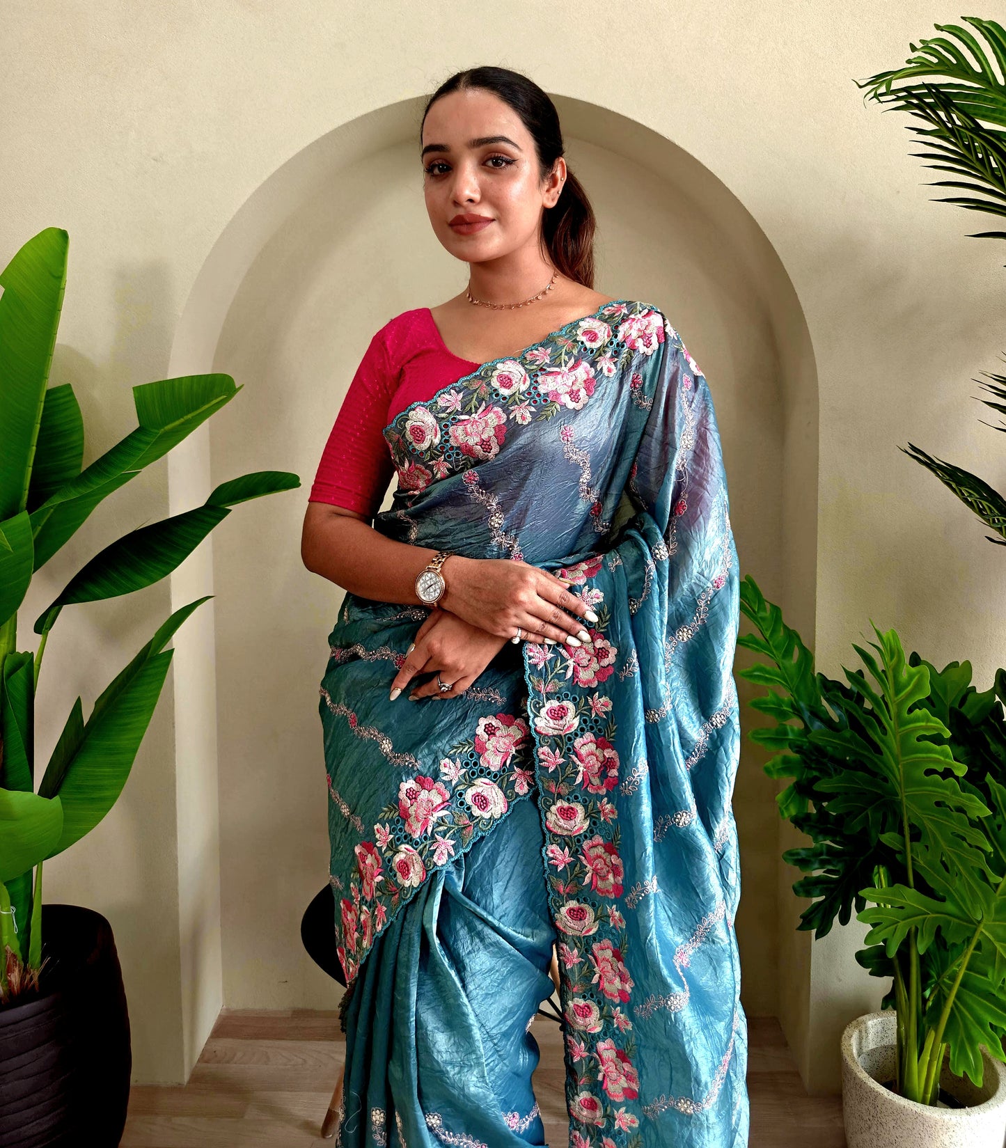 Crush silk saree with embroidery