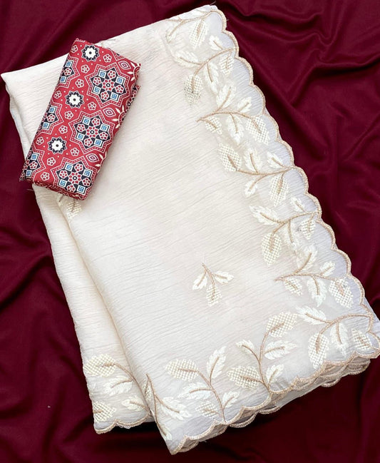 Crushed Georgette saree with leaf embroidery