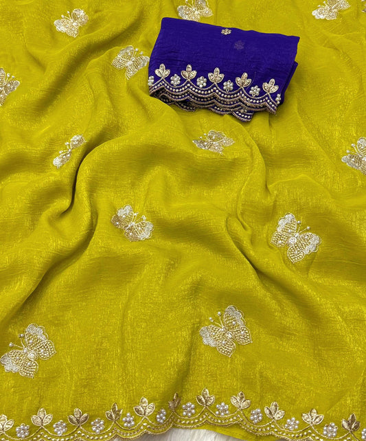 Beautiful Crunchy silk saree with butterfly moti work