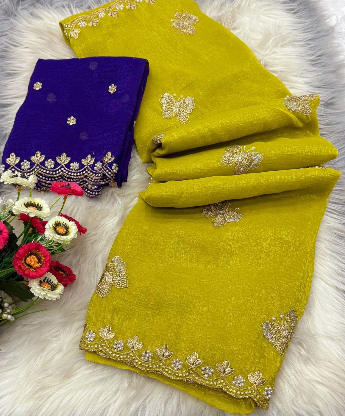Beautiful Crunchy silk saree with butterfly moti work