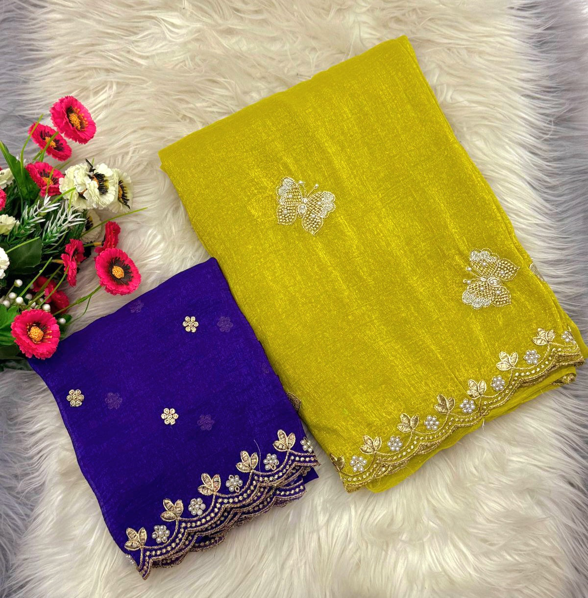 Beautiful Crunchy silk saree with butterfly moti work