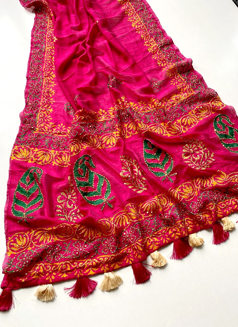 Chanderi cotton saree with  hand block Ajrakh prints